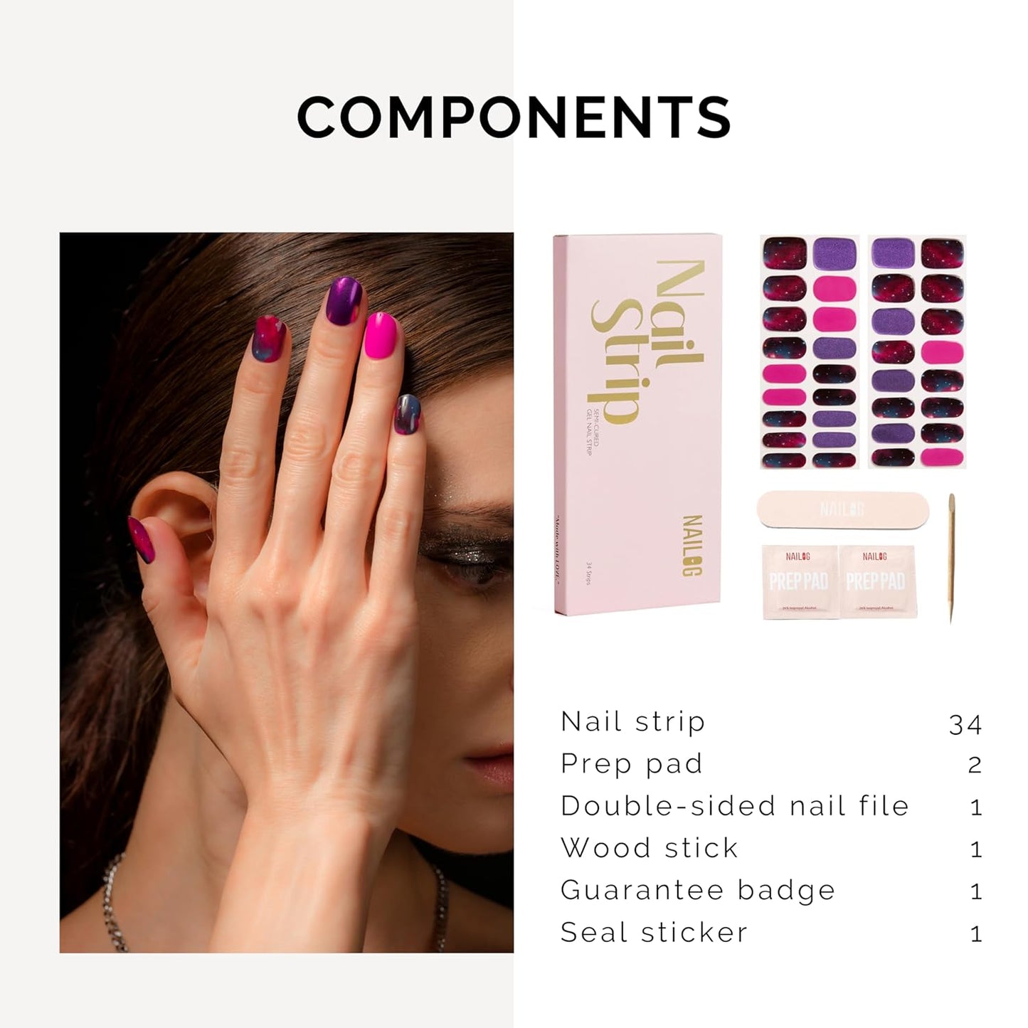 NAILOG Semi Cured Gel Nail Strips 34 pcs| Buy 2 Get 1 UV Lamp | Long Lasting Nail Polish Sticker Wraps with Glossy Gel Finish, Lost in Galaxy