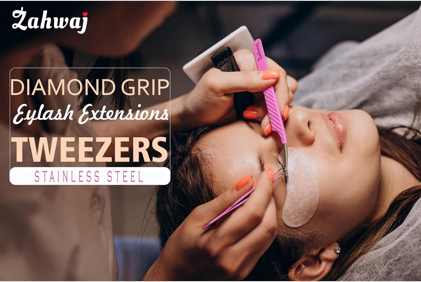 Lash Tweezers - Set of 5 Diamond Grip Eyelash Tweezers - Stainless Steel Professional Fiber Tip Lash Tweezer for Eyelash Extensions (Pink)