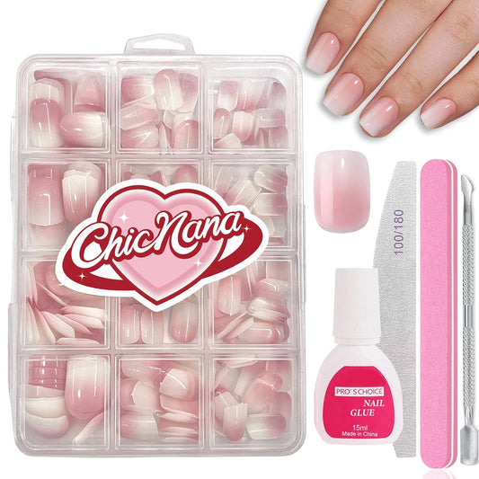Ombre Press On Nails - 240Pcs Square Short Press on Nails, White Nail Tips Pink White Gradient Soft Gel False Nail Tips Salon Perfect Fake Nails Kit Extensions DIY (Extra Short Square)