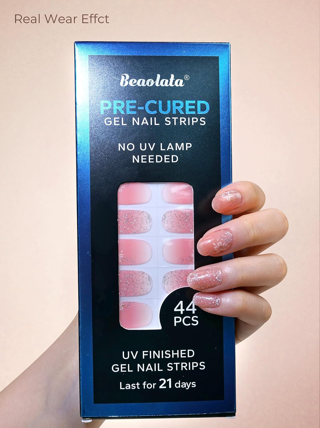 Pre Cured Gel Nail Strips - 44PCS Salon Quality Gel Nail Stickers - Long Lasting Polish Wraps for Women no UV Light Needed Easy Apply& Remove (Sparkle Pink）