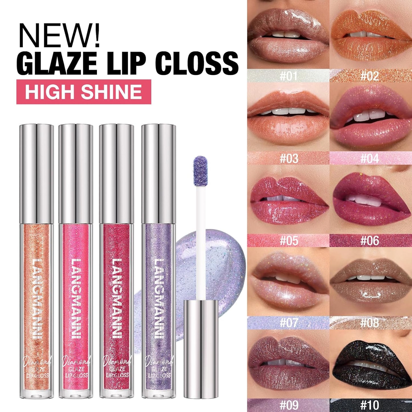 LANGMANNI 4 Colors Diamond Glitter Lip Gloss Set,Long Lasting High Shine Shimmer Liquid Lipstick Set,Hydrating,Moisturizing Lip Gloss Kit Gift Makeup For Girls(#01+02+03+04)