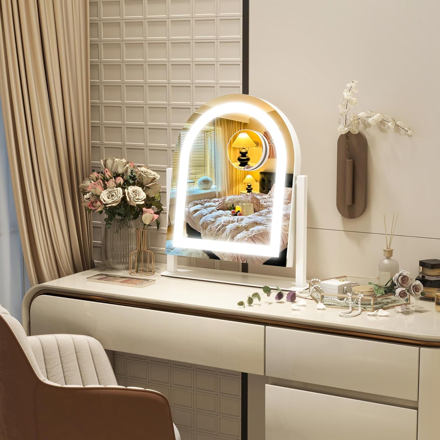 Lighted Makeup Mirror with 3-Color Dimmable Lighting, with Removable 10x Magnifier, Smart Touch Control, 360° Rotation, 15" x 13" Hollywood Vanity Mirror for Tabletop or Desk (White)