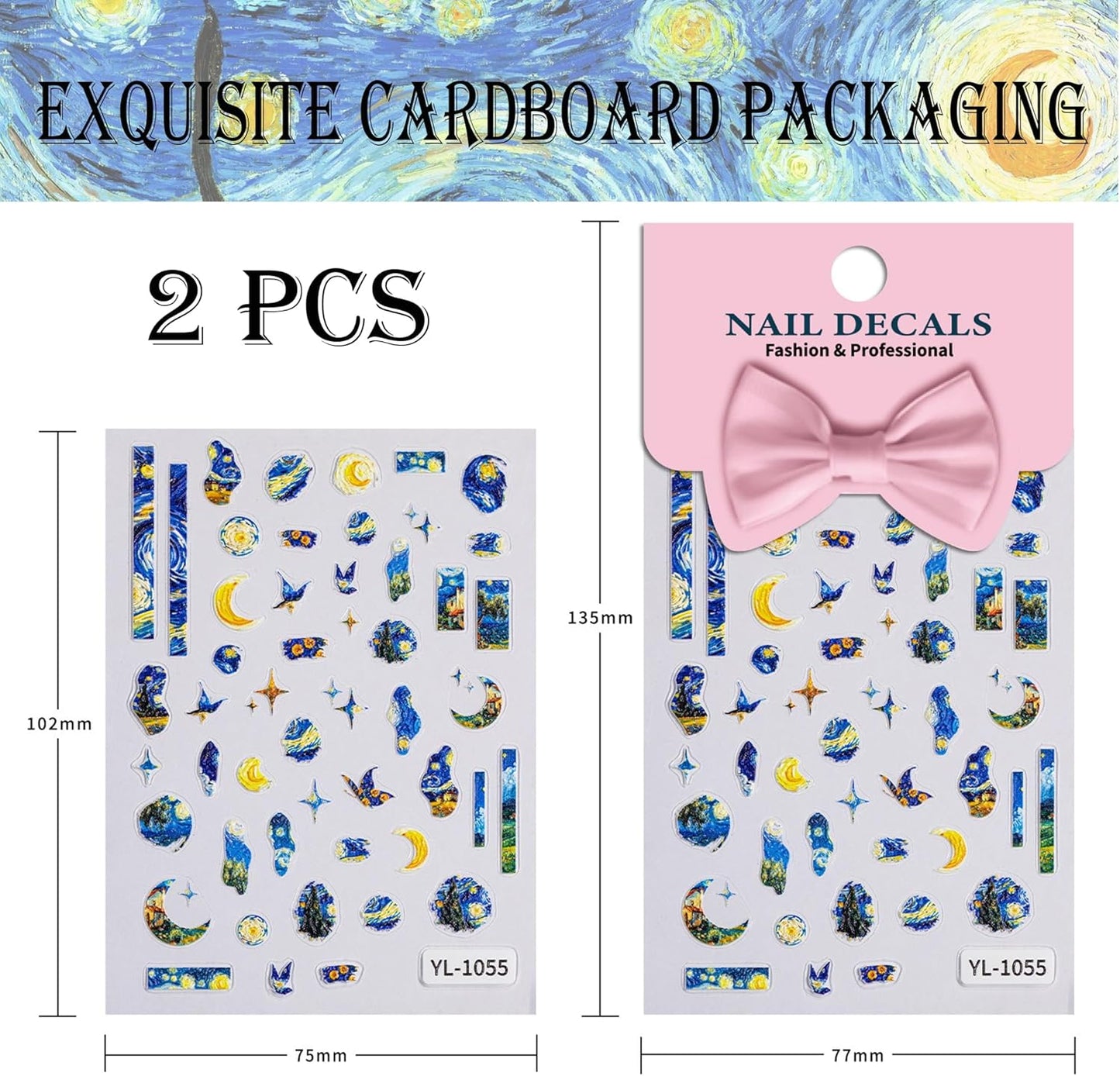 5D Van Gogh's Starry Night Nail Art Stickers, Embossed Nail Decals Supplies Self Adhesive Nails Sticker DIY Acrylic Nail Accessories - 2 Sheets