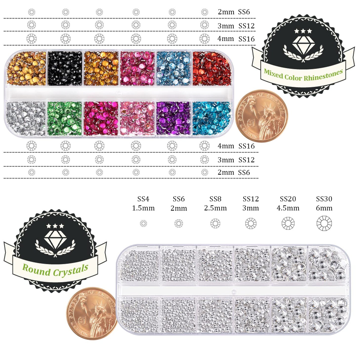 Two Packs of Flatback Rhinestones 4520 Pcs Colorful Nail Art Rhinestones Flatback Crystal Colorful+Transparent White Rhinestone with Picker Pencil and Tweezer for Nail Art and Decoration
