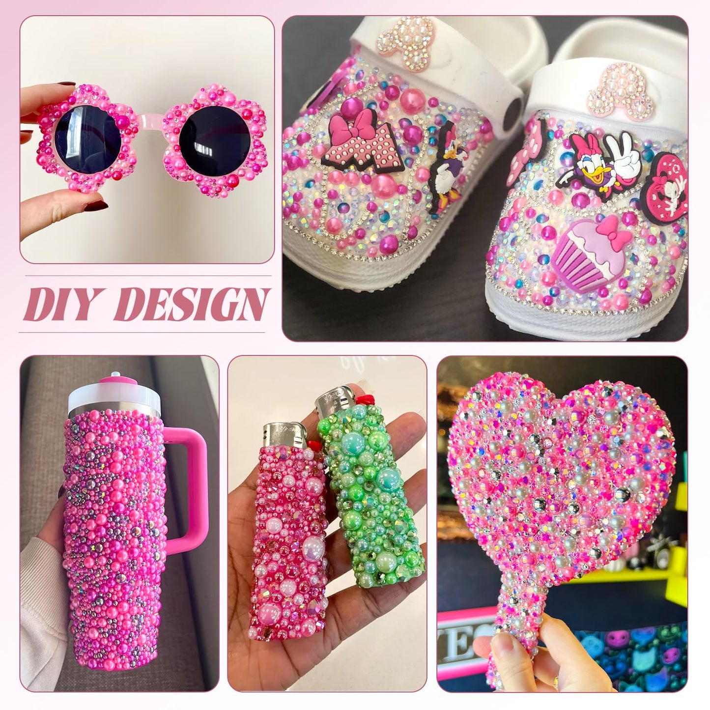 9000Pcs Flatback Pearls and Rhinestones for Crafting, Hot Pink Light Pink Mixed Size 3-8mm Resin Rhinestones and Half Pearls for Bedazzling, Nail Art and Decoration with 3pcs B7000 Jewelry Glue