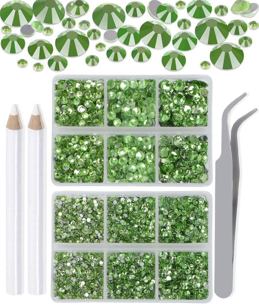 LPBeads 6000 Pieces Light Green Non Hotfix Rhinestones 6 Sizes Round Crystal Glass Flat Back Rhinestones with Tweezers and Picking Pen for Nail Art Crafts Bags DIY