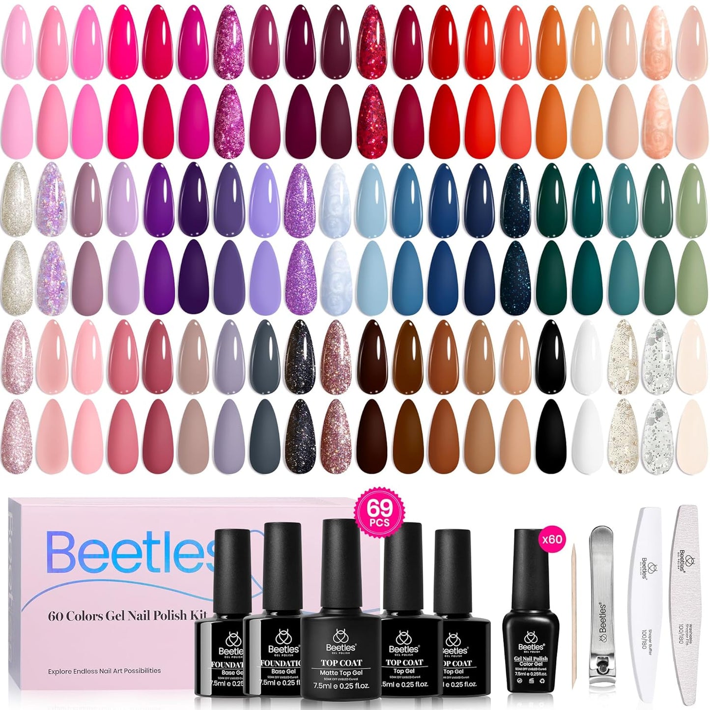 Beetles Gel Nail Polish Set - Transcendent Allure 60 Colors Fall Gel Polish Kit Orange Burgundy Red Glitter Hot Pink Blue White Black with Base Top Coat Gifts for Women