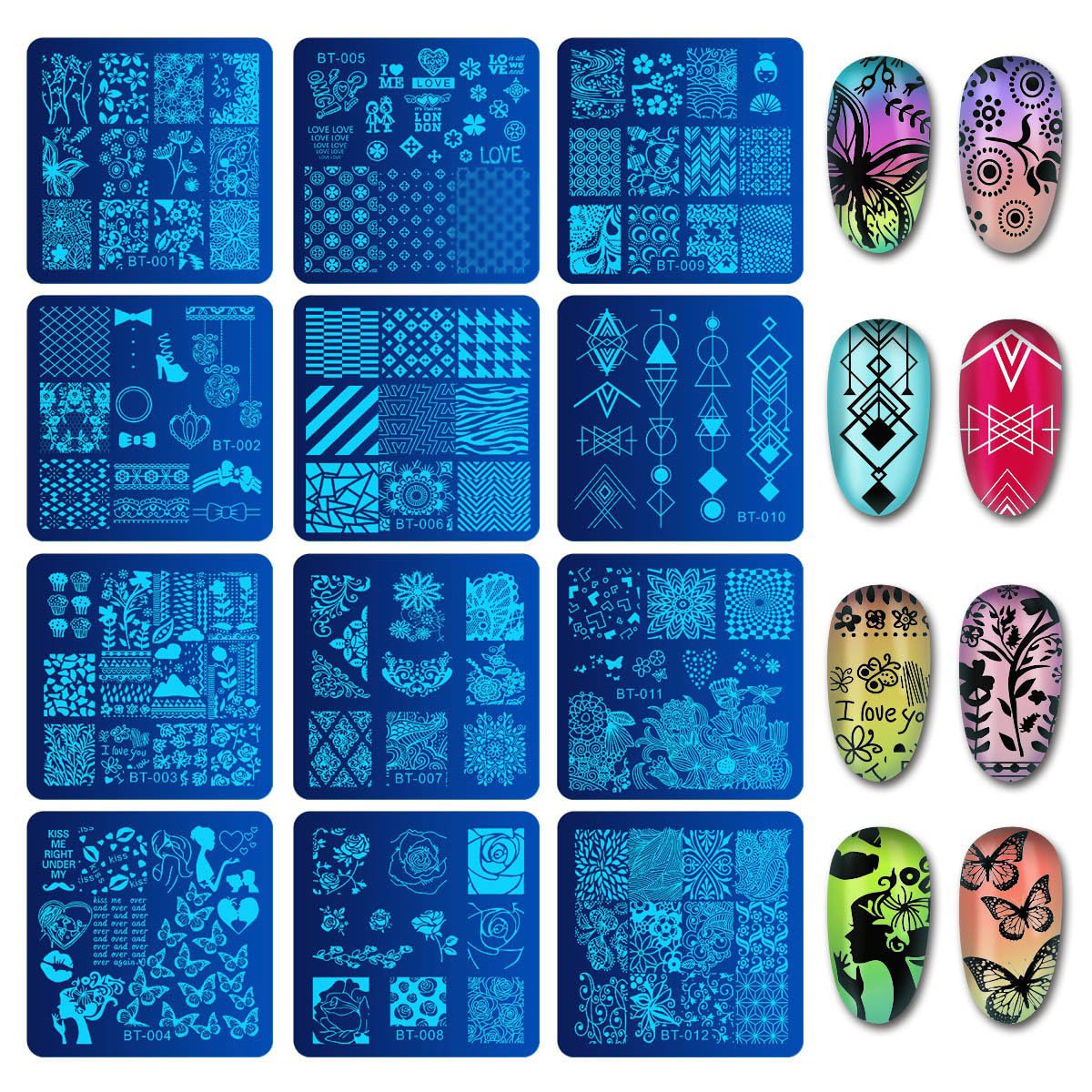 Biutee Nail Stamping Plates Set 12pcs Nail Plates 1stamper 1scraper 1storage bag Nail plate Template Image Plate Stencil Nails Tool (C)