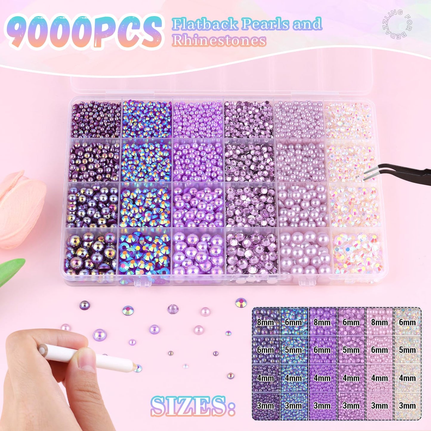 9000Pcs Flatback Pearls and Rhinestones for Crafting, Purple Series Mixed Size 3-8mm Resin Rhinestones and Half Pearls for Bedazzling, Nail Art with Tweezers and Pickup Pencil