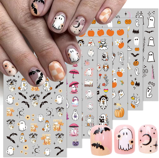 Halloween Nail Art Stickers - 3D Pumpkin, Spooky Ghost, Spider Web, Bats Decals - Self Adhesive Nail Design Stickers for Women DIY - 8 Sheets Decoration