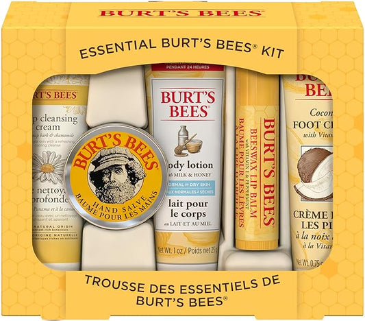 Burt's Bees Back to School Gifts Ideas, 5 Body Care College Dorm Products, Everyday Essentials Set - Original Beeswax Lip Balm, Deep Cleansing Cream, Hand Salve, Body Lotion & Foot Cream, Travel Size