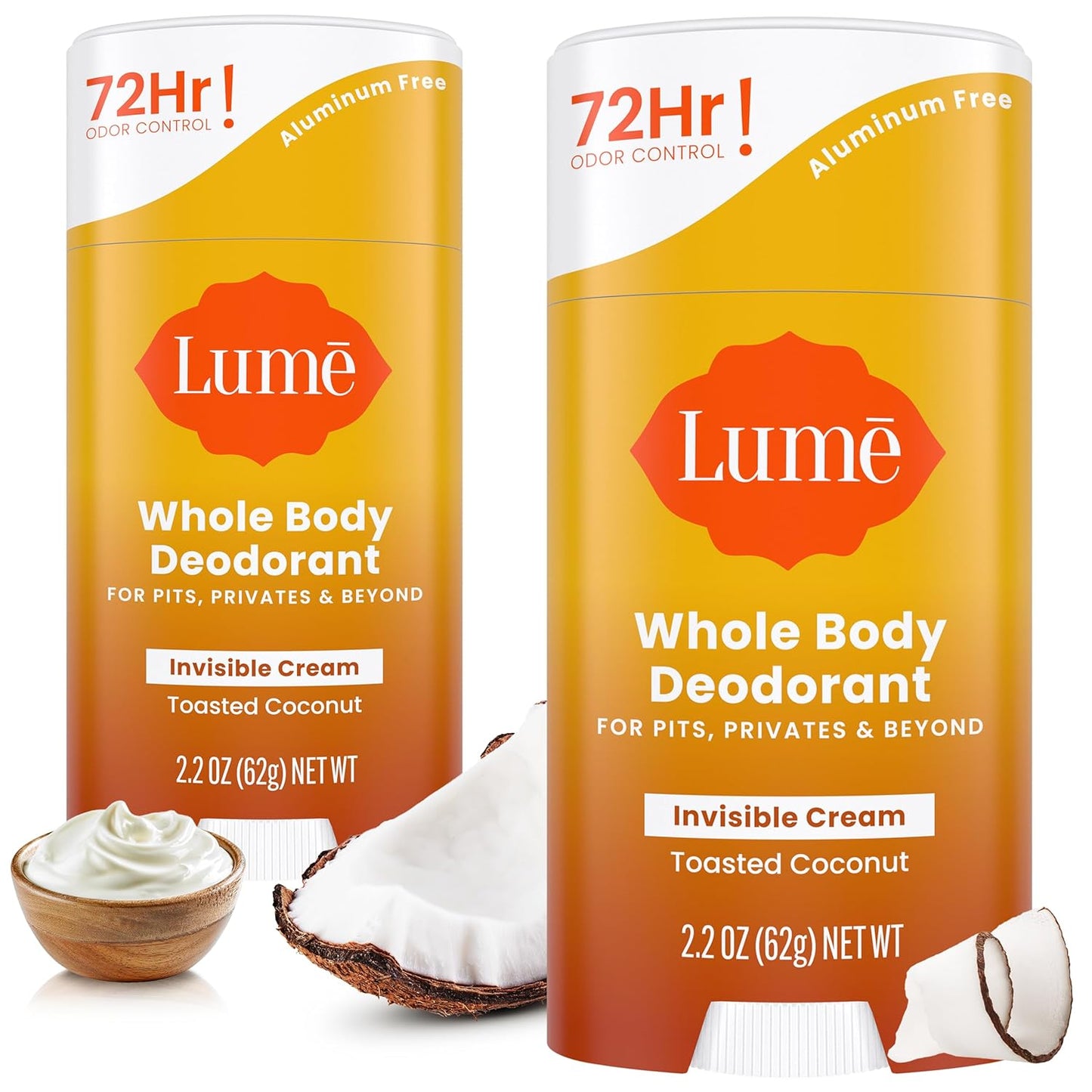Lume Whole Body Deodorant - Invisible Cream Stick - 72 Hour Odor Control - Aluminum Free, Baking Soda Free, Skin Safe - 2.2 Ounce (Pack of 2) (Toasted Coconut)