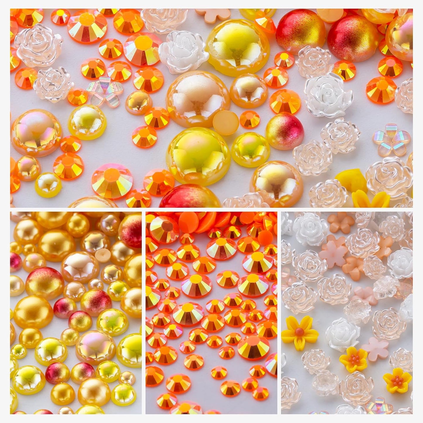 Sun Magic 160g Orange Flat Back Pearls Rhinestones for Crafts Mixed Size 3mm-10mm AB Color Round Half Pearls Flatback Pearl Beads and Resin Rhinestones Set for Face Art