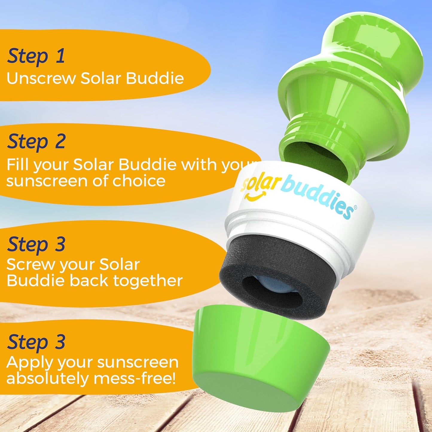 Solar Buddies Bag Bundle & Carabina Clip - Full Green - Refillable Roll on Sponge Sunscreen, Suncream & Lotion Applicator For Kids, Adults & Families - Holds 3.4fl oz, Perfect Size for Travel