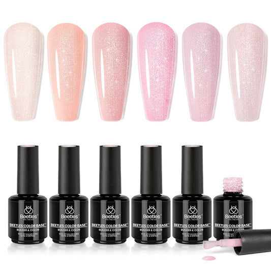 Beetles Base Color Gel Nail Polish Set – 6 Colors Nude Gel Polish, 5 in 1 Builder Rubber Base Coat, Self Leveling Soak Off Strengthening for Natural Nails and French Manicure
