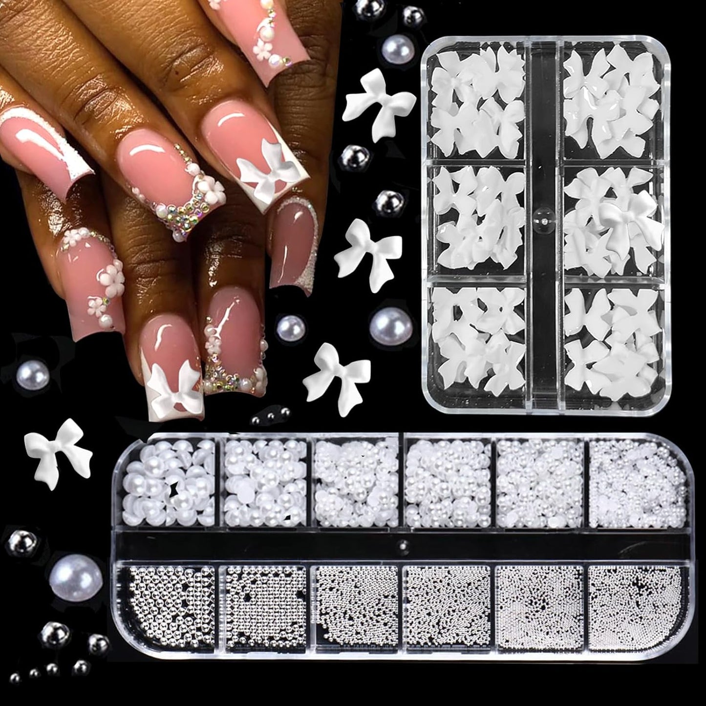 Nail Charms & Pearls - Bow-Knot Nail Accessories in Silver & White, Half Round Beads, Luxurious Design - DIY Crafts