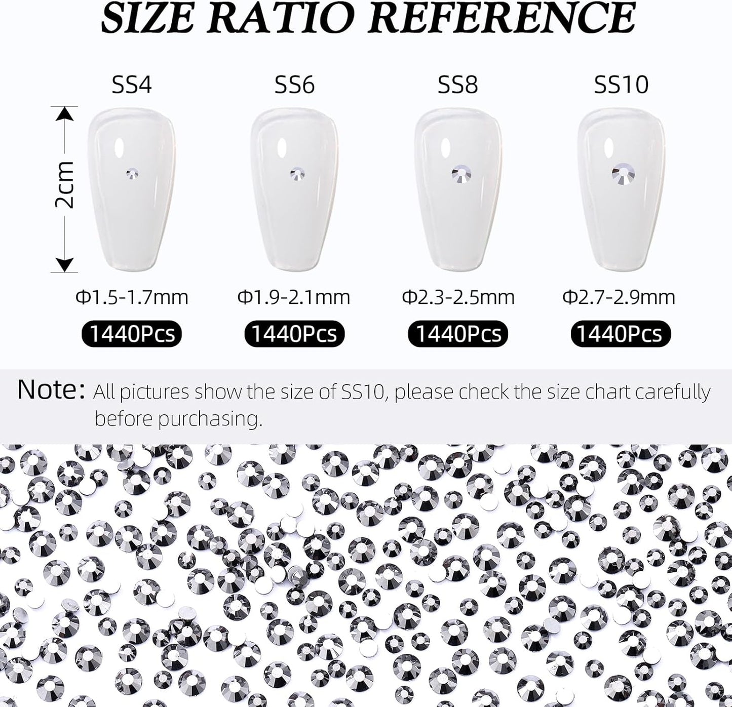 Black Hematite Flatback Rhinestones, Glass Rhinestones for Nail Art and Craft, Glue Fix, Loose Crystal Gemstones(Black Hematite, SS6, 1440pcs, 1.9-2.0mm)