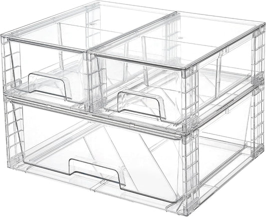 Vtopmart 3 Pack Stackable Storage Drawers, Easily Assemble Acrylic Bathroom Undersink Organizers,Clear Plastic Storage Bins for Closet,Cabinet,Pantry,Medicine Organization