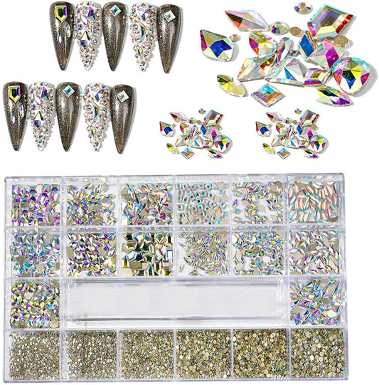 7900Pcs AB Crystal Nail Rhinestones, HOINCO Nail Art Rhinestones Round Beads Flatback Glass Gems Stones, Multi Shapes Rhinestones Nail Art 3D Crystals for Nail DIY