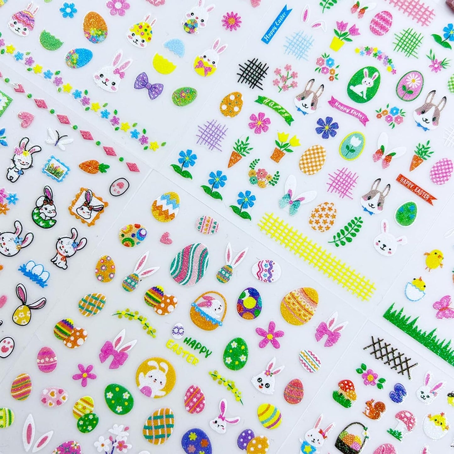 6 Sheets Glitter Easter Nail Art Stickers Easter Egg Rabbit Nail Decals 3D Self Adhesive Cute Chicken Eggs Nail Art Supplies Cartoon Bunny Carrot Nail Supplies Stickers for Women DIY Nail Decorations