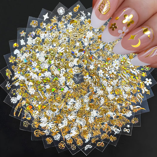 30 Sheets Gold Nail Art Stickers 3D Self Adhesive Star Nail Decals Gold Flower Nail Stickers for Nail Art Heart Snowflake Nail Art Design Decoration Accessories for Women and Girls, Style 2