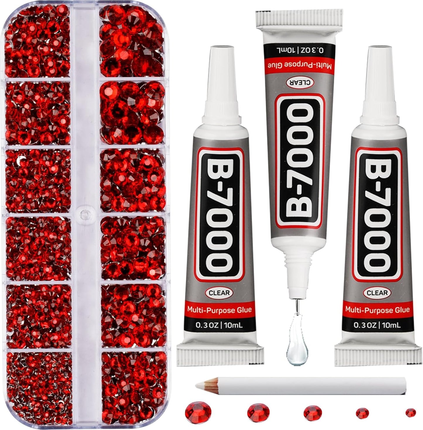6000Pcs Red Rhinestones for Crafting Bedazzling with b-7000 Jewelry Glue, Resin Flatback Crystals Diamonds for Crafts Clothing Clothes Shoes Decoration, Flat Back Gems Different Sizes