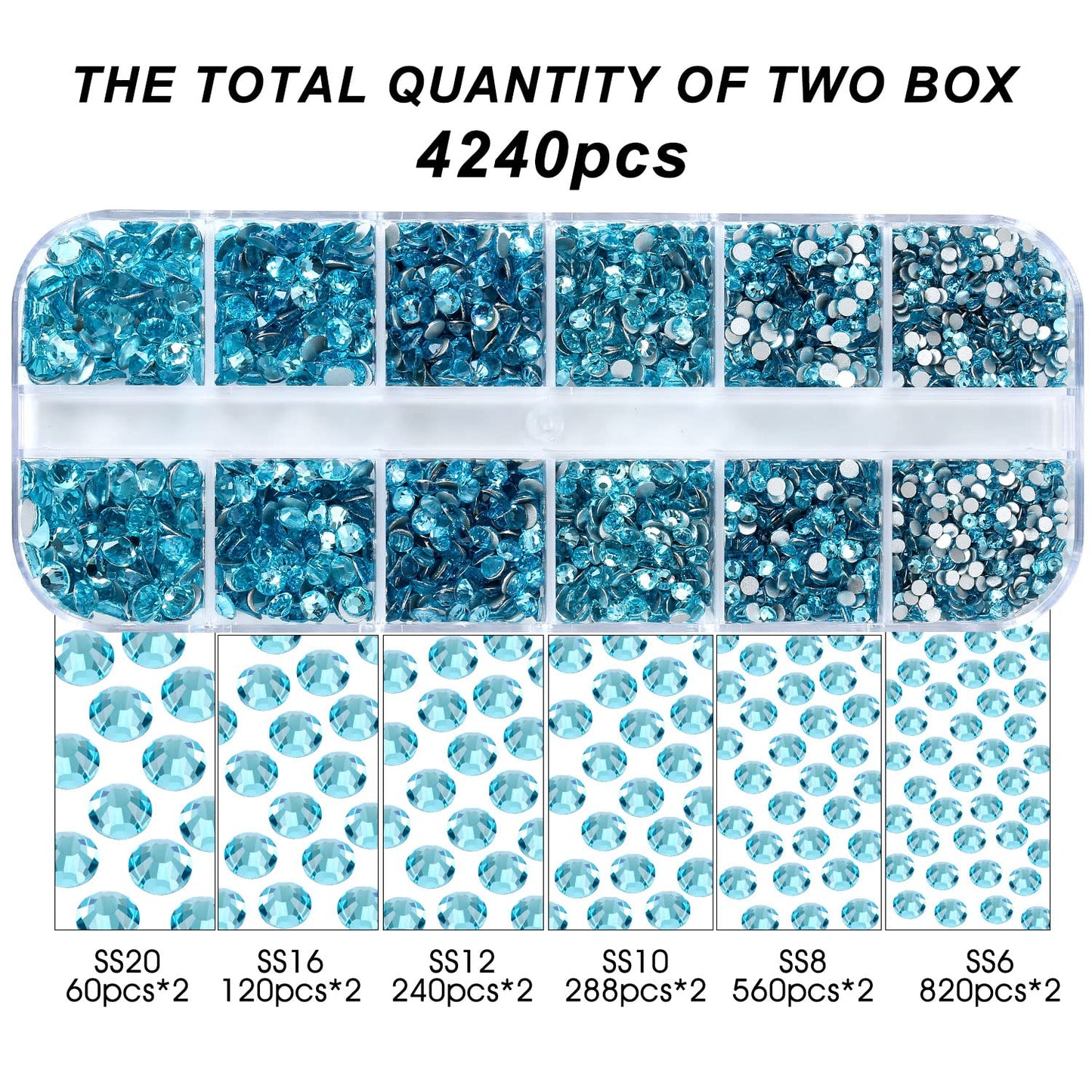 4240Pcs Aquamarine Flatback Rhinestones 6 Sizes Crystal Diamonds for Nail Art Crafts Clothes Shoes with Tweezers and Picking Pen