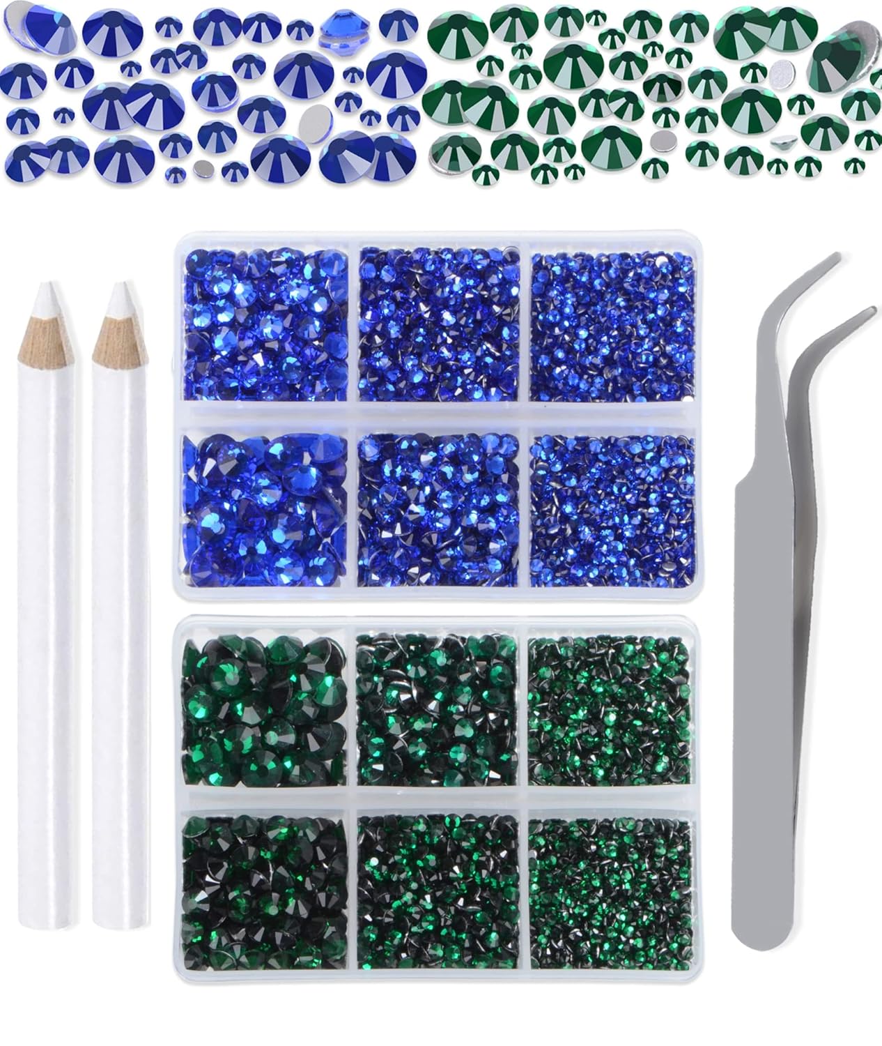 LPBeads 6000 Pieces Emerald and Sapphire Non Hotfix Rhinestones 6 Sizes Round Crystal Glass Flat Back Rhinestones with Tweezers and Picking Pen for Nail Art Crafts Clothes Bags DIY
