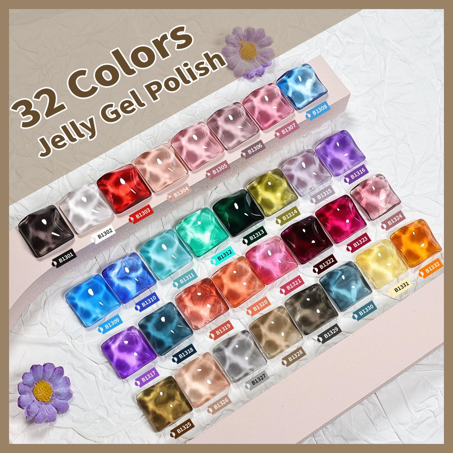 JODSONE Jelly Gel Nail Polish Kit 32 Classic Colors Crystal Transparent High Shine Base & Top Matte Glitter Coat