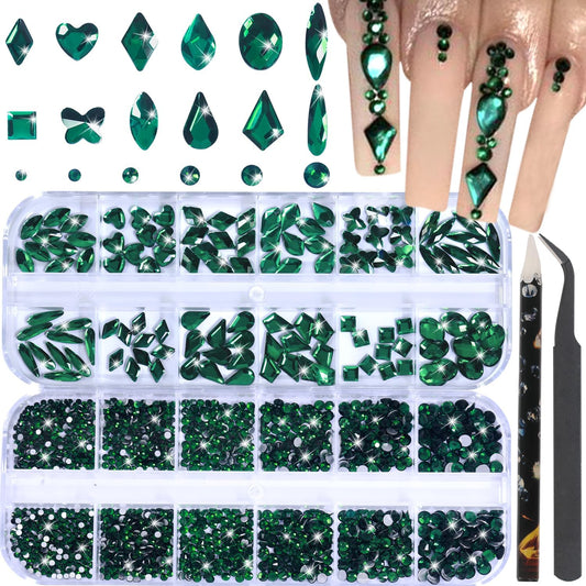 Nail Rhinestones - 3D Multi Shape Size, Flat Back, Crystals Manicure Rhinestones Charms, Green Nail Gems, with Kit, for Nail Art, Bedazzling Acrylic Nails, DIY Decor