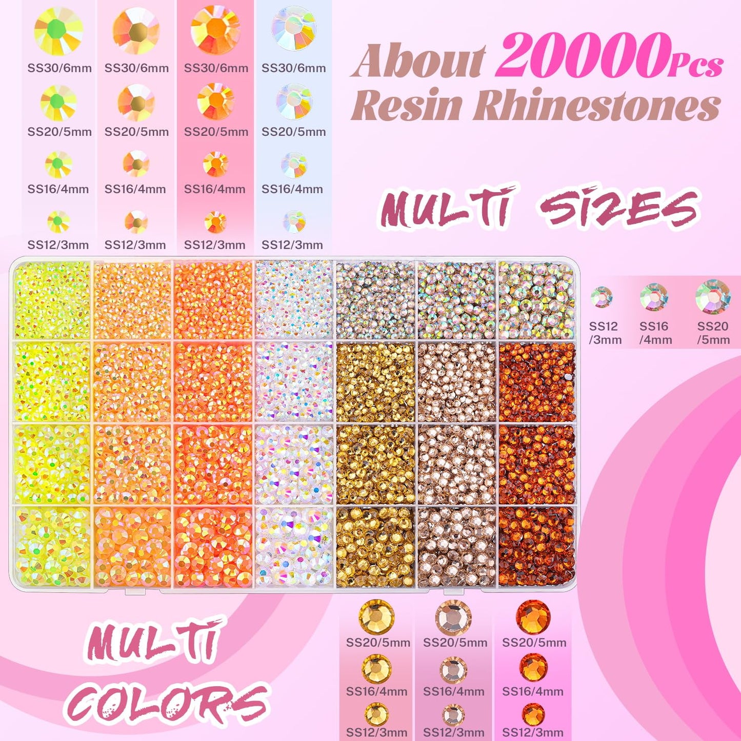 20000Pcs Yellow Rhinestones for Bedazzling with 1Pcs B7000 Jewelry Glue, Resin Rhinestones for Crafting Crafts DIY, Bedazzler Kit Gems for Clothing Shoes Tumblers Nail Art Assorted Size 3/4/5/6mm