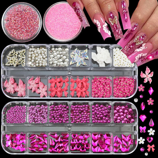 4 Boxes Pink Red Nail Gems Bow Flower Nail Charms for Acrylics - Irregular Crystals, Nails Rhinestone & Accessories for Women Nails Art Design Nails Decor(Pink & Red)