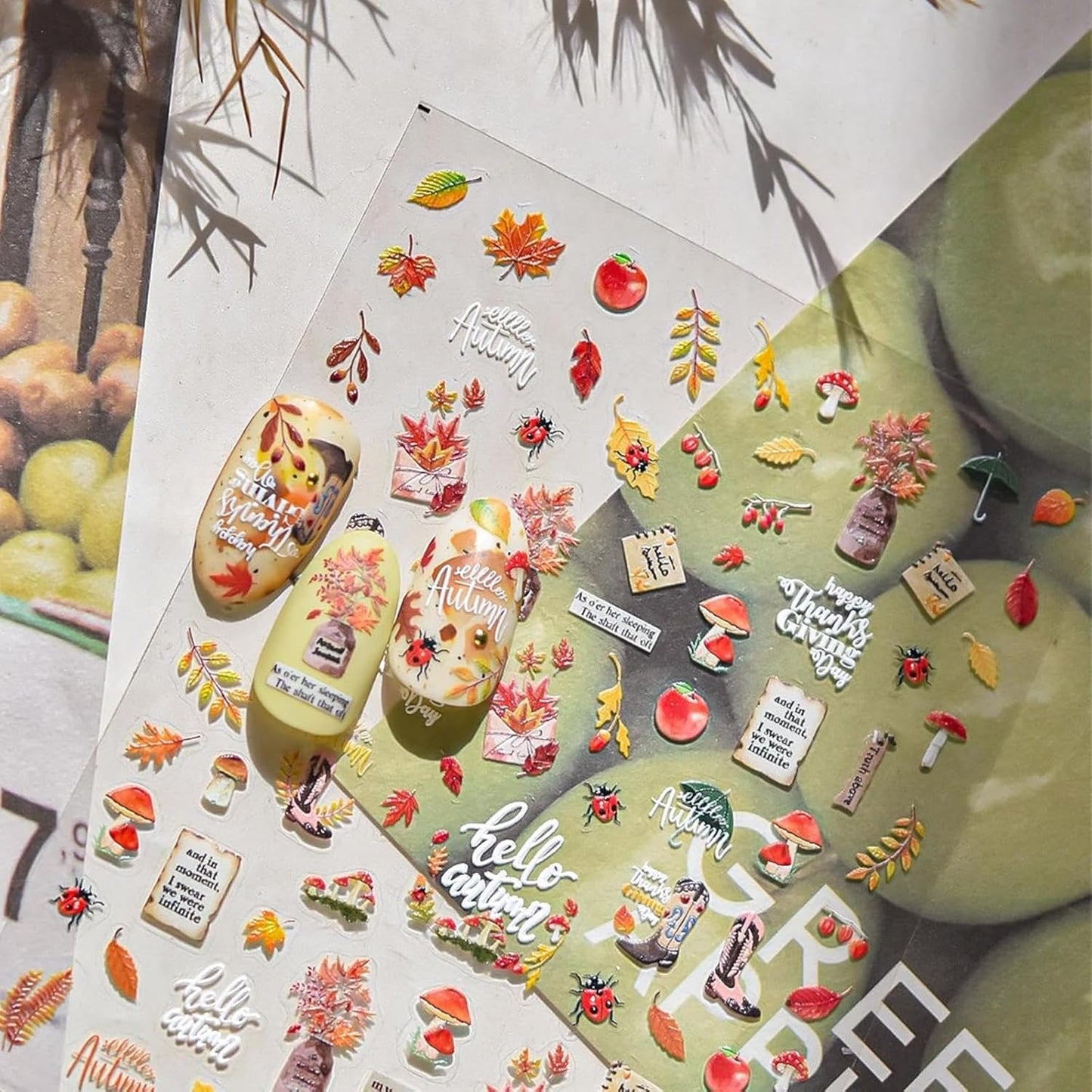 Maple Leaf Nail Stickers Mushroom Fall Nail Art Stickers 3D Self-Adhesive Boots Envelope Nail Designs 5D Embossed Plants Animals Thanksgiving Nails Supplies for Women Holiday DIY Manicure 1 Sheet