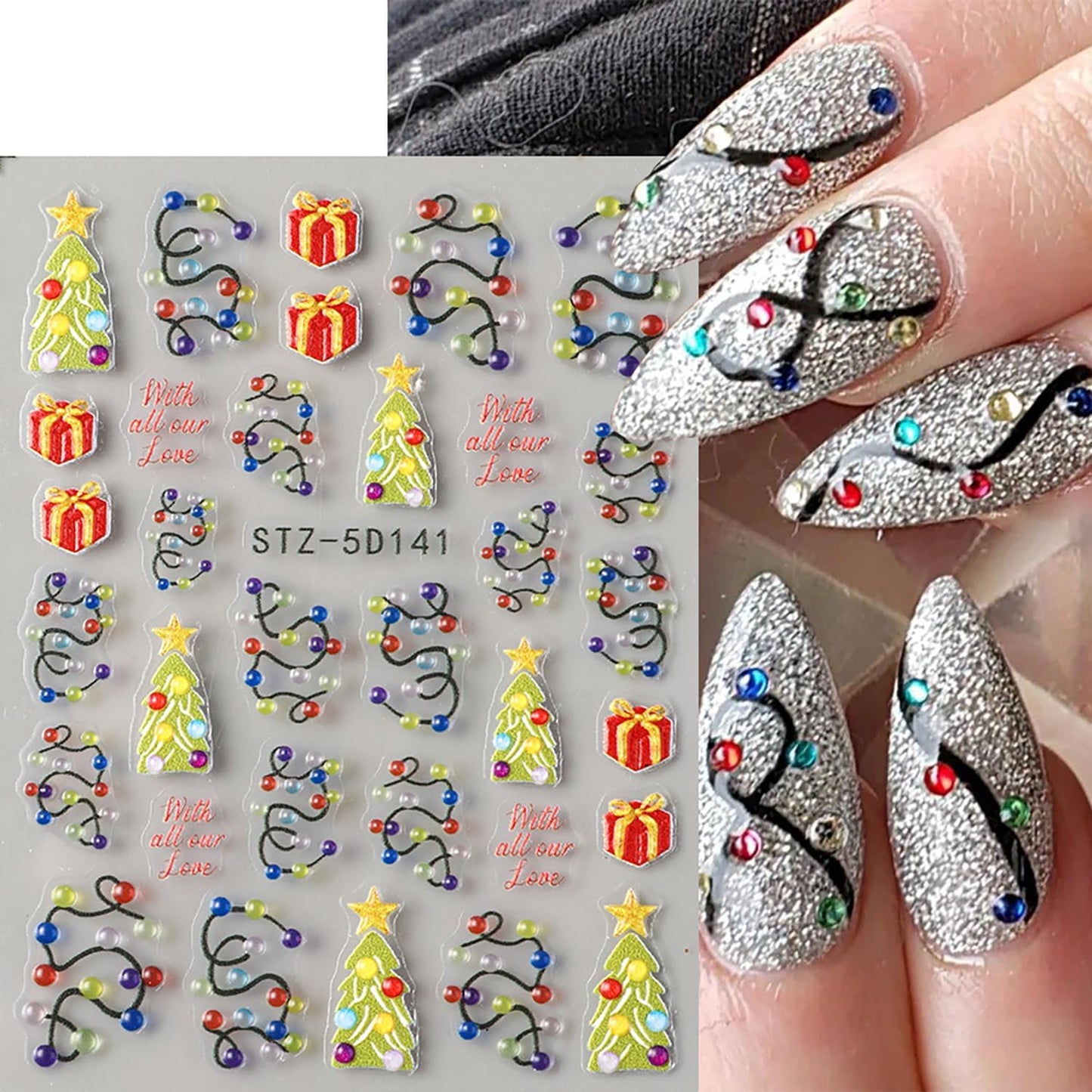 Christmas Nail Art Stickers 5D Self -Adhesive Relief Three-Dimensional Light String Nail Decals Holographic Christmas Tree Gift Nail Stickers Festival Nail Decoration for Women Manicure Supplies