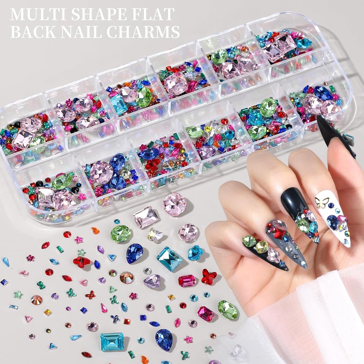 FANDAMEI Nail Gems, 3-Box Colorful Nail Rhinestones Nail Charms and Gems, 3D Rainbow Crystal Nail Diamonds Bulk, Mix-Size Flatback Gems for Nails, Gold Silver Nail Studs Beads for Nail Design