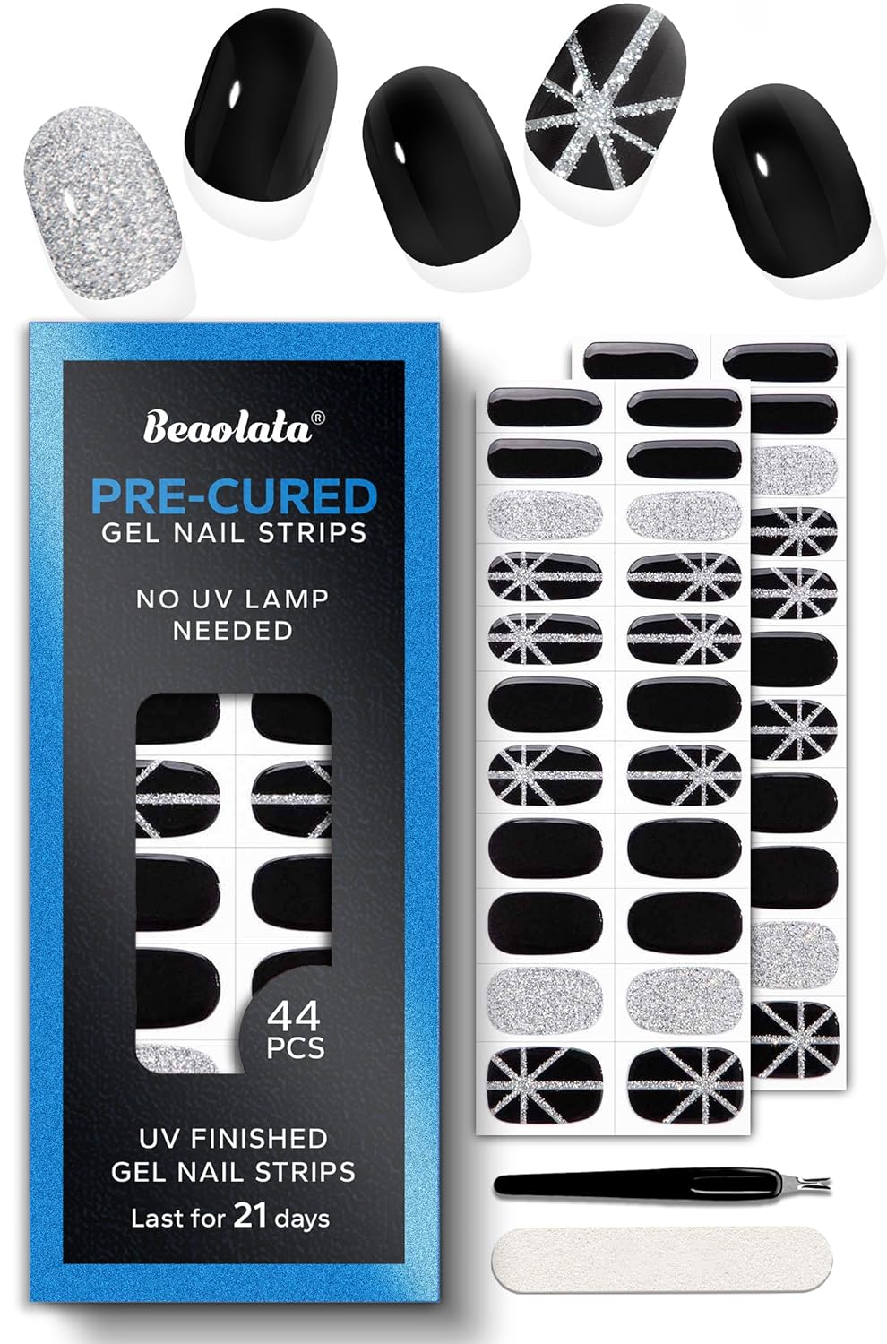 Pre Cured Gel Nail Strips - 44PCS Salon Quality Gel Nail Stickers - Long Lasting Polish Wraps for Women no UV Light Needed Easy Apply& Remove (Sultry Black）