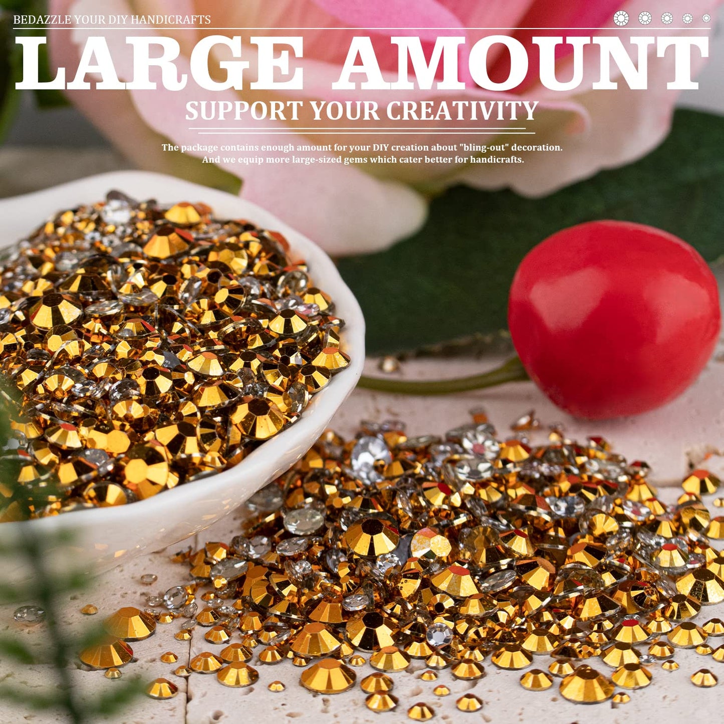 Resin Rhinestones Crafting, 2/3/4/5/6mm Flatback Jelly Rhinestones, 3 Box Mineral Gold Non Hotfix Crystal Gems for Bedazzling Crafts Mugs Tumblers Clothes Makeup Nail