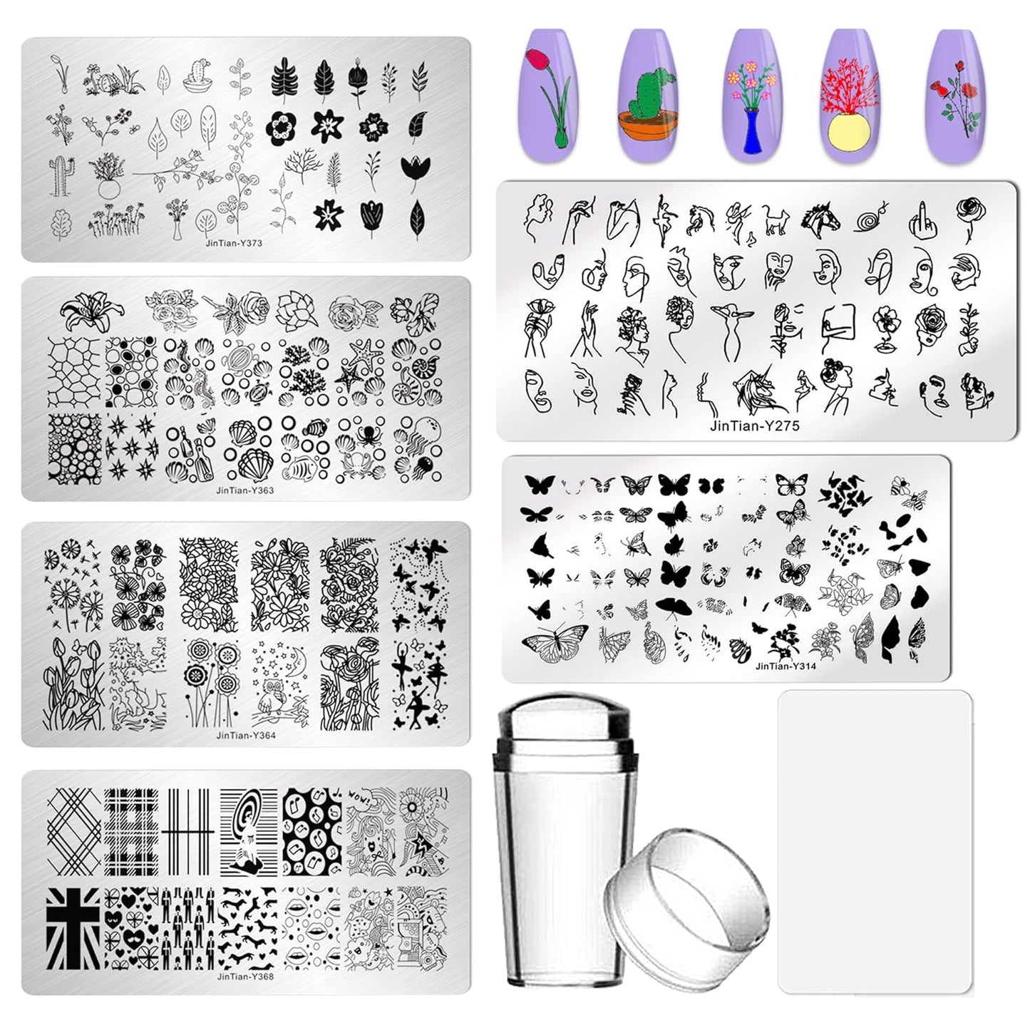 AddFavor Nail Stamper Kit - 6pcs Flower Lace Vine Stamping Plates with Silicone Stamper, Scraper & DIY Manicure Stencils