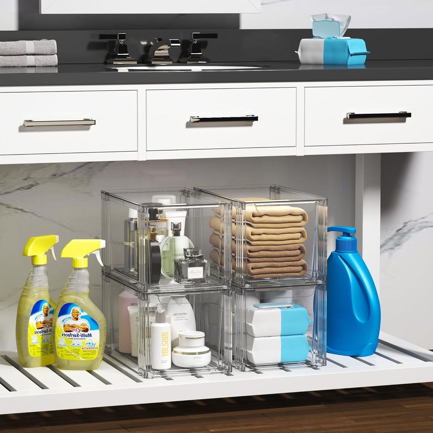 Stackable Kitchen Storage Drawers,Clear with Handles Acrylic Bathroom Makeup Organizer Bins,Easily Assemble,For Vanity, Undersink, Kitchen Cabinet,Pantry Organization and Storage (4Pack)