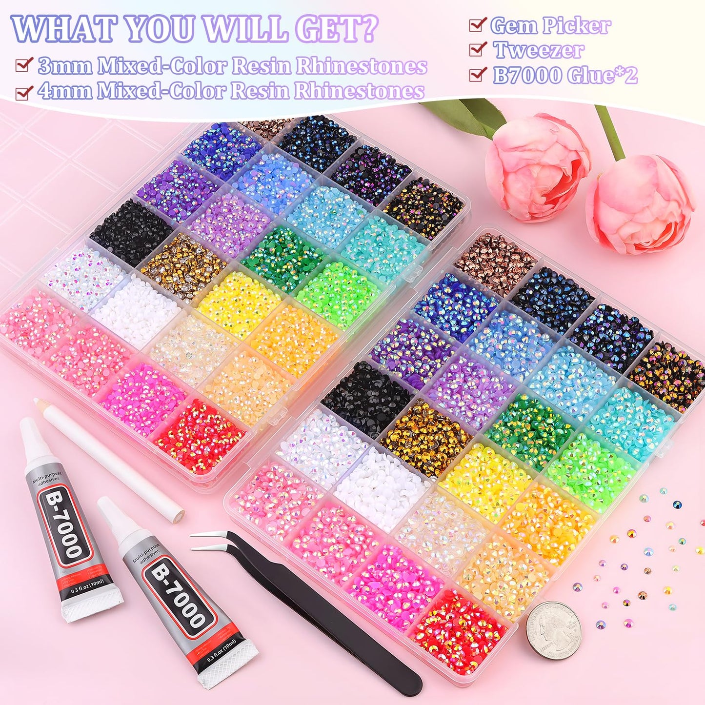 2 Boxes Jelly Rhinestones for Bedazzling, 36600Pcs 3mm & 4mm Multicolor Flatback Resin Gems for Crafting, Bedazzler Kit with 2Pcs 10ml B7000 Jewelry Glue for DIY Crafts Book Fabric Decor Nail Art