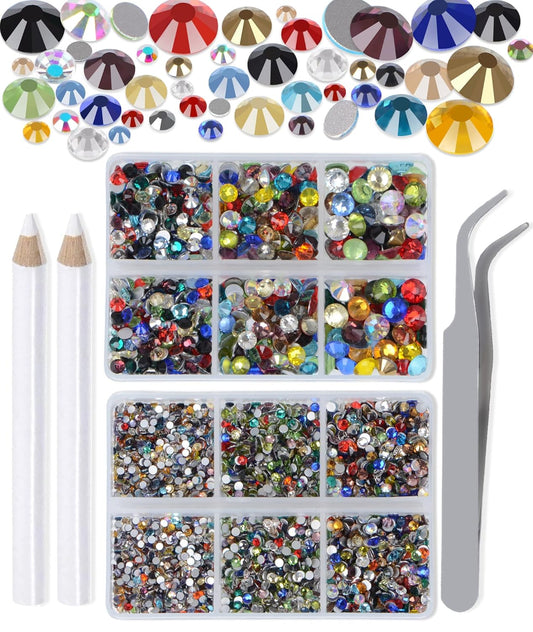 LPBeads 6000 Pieces Mixed Color Non Hotfix Rhinestones 6 Sizes Round Crystal Glass Flat Back Rhinestones with Tweezers and Picking Pen for Nail Art Crafts Clothes Bags DIY