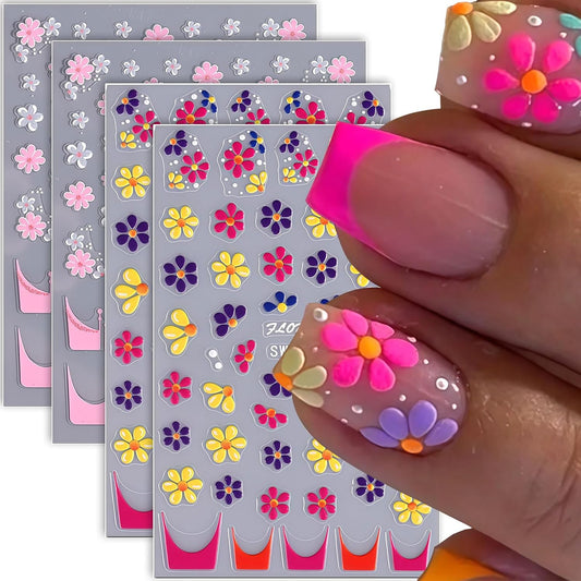 Flower Nail Art Stickers Decals, 4 Sheets 3D Self Adhesive Embossed Flower Nail Decals Nail Art Supplies Designs, Floral Nail Accessories for Women Girls