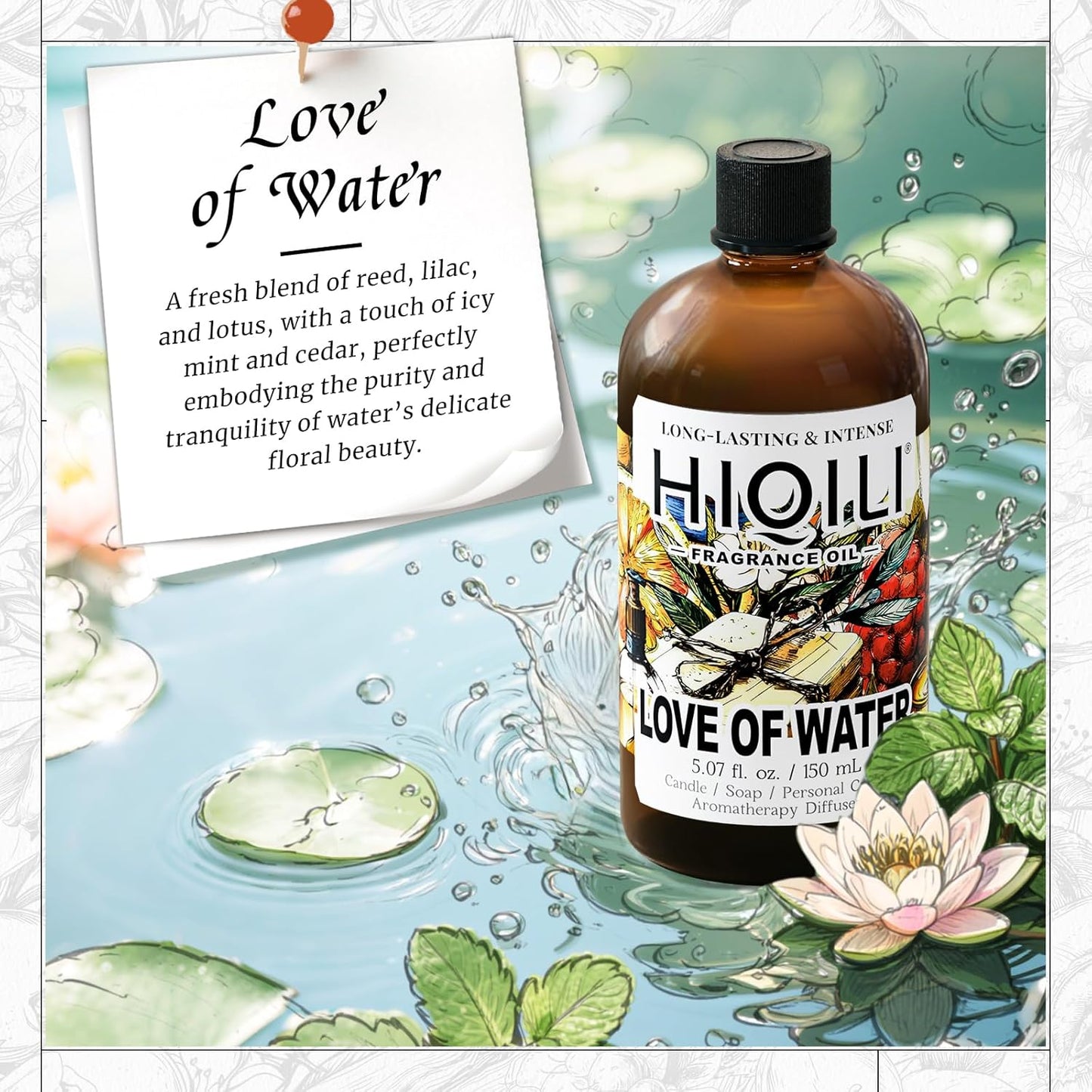 HIQILI Love of Water Fragrance Oil for Aromatherapy Diffuser, Inspired by Kenz. o's L'Eau, Great for Making Scented Candles, Bath Soaps, More DIY Projects - 5.07 Fl Oz
