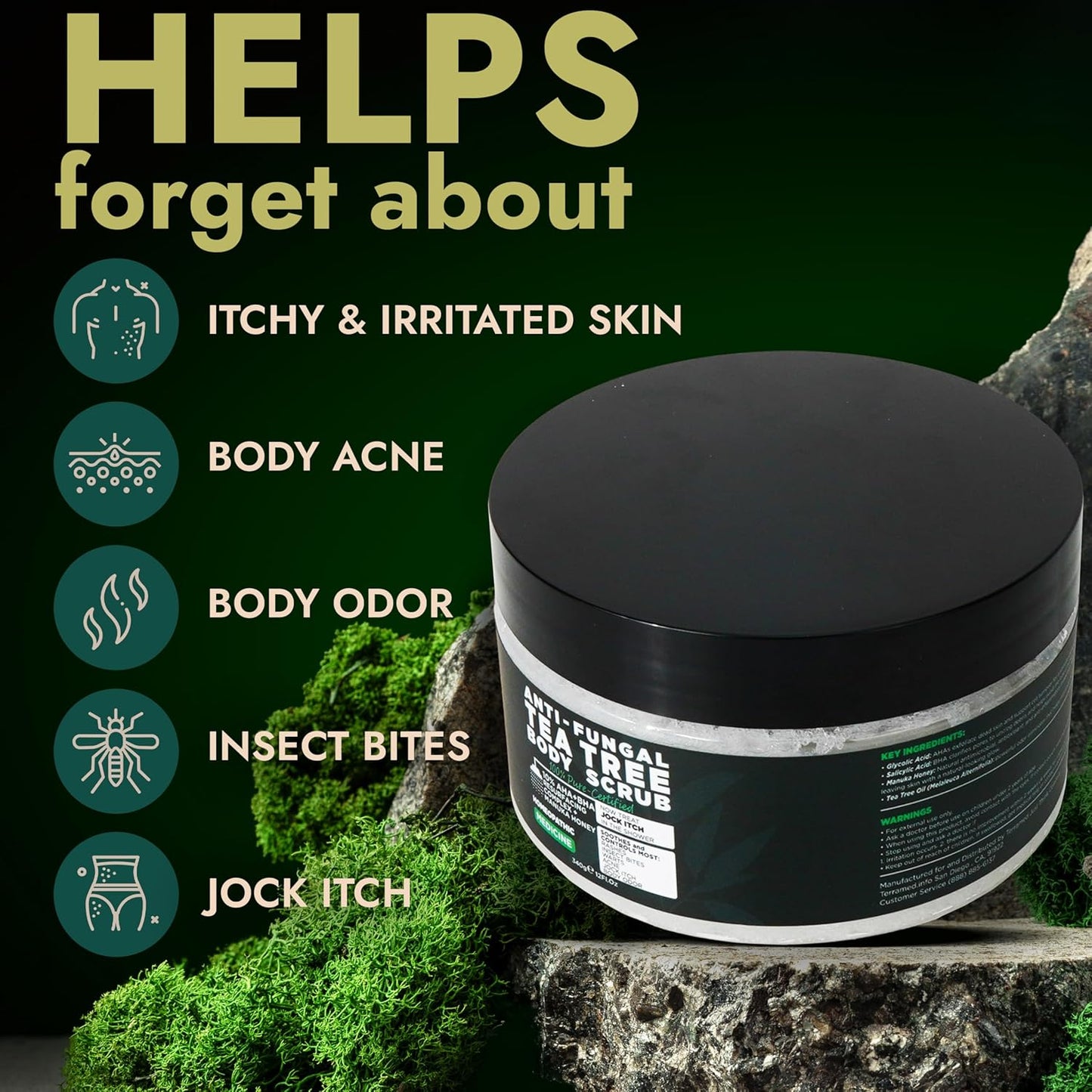 Terramed Just Think Comfort Antifungal Body Scrub with Tea Tree Oil – Exfoliating Body Wash for Women & Men – Soothes Itchy Skin, Rashes, Acne, Warts & Insects Bites – 12 Fl oz with Scrubber Brush