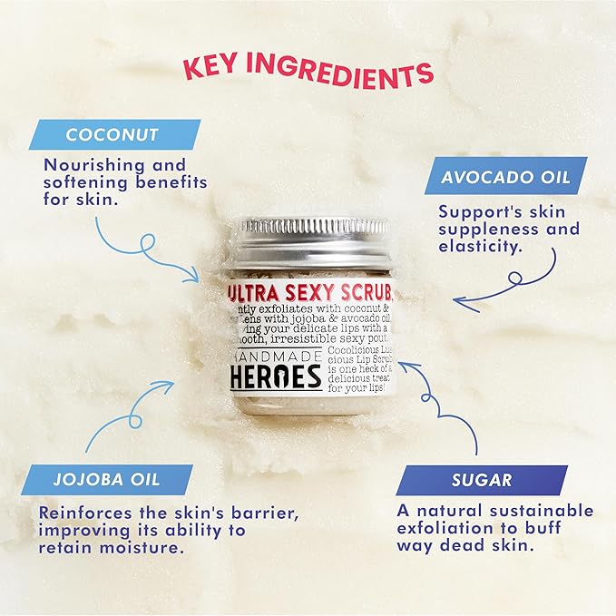 Handmade Heroes 100% Natural Lip Scrub, Vegan Conditioning Coconut Exfoliator - Gentle Exfoliant, Sugar Polish and Scrubber for Chapped Dry Lips, 1oz (Coconut Sorbet)