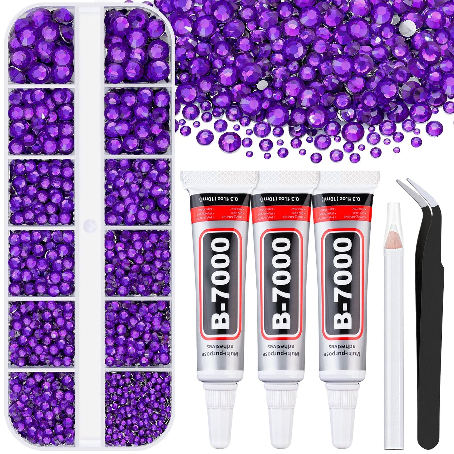 6000Pcs Resin Rhinestones for Bedazzling with 3Pcs B7000 Jewelry Glue, 1 Box Dark Purple Flatback Rhinestones for Crafting Crafts DIY, Crystals Gems for Clothing Shoes Tumblers Nail Art Makeup