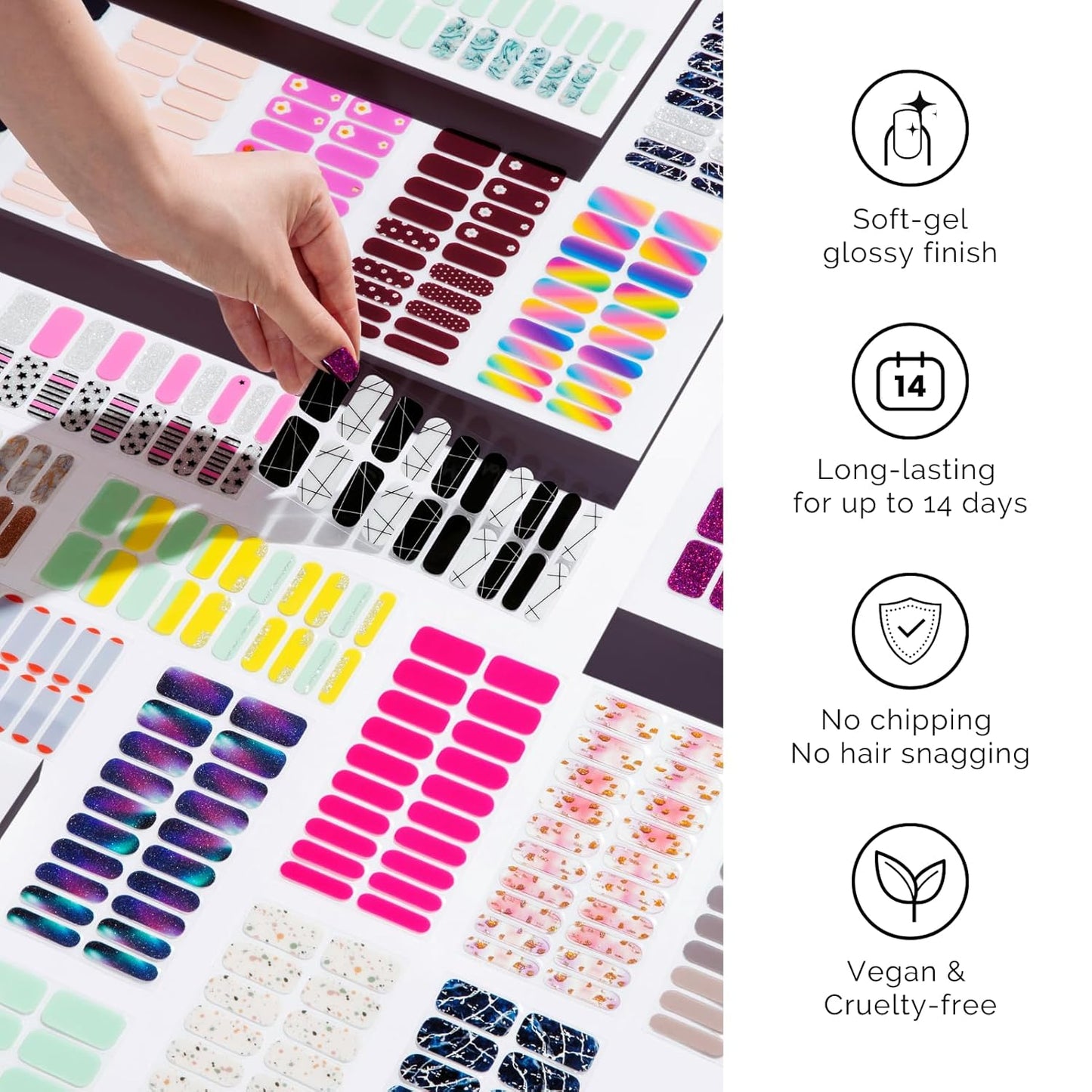 Semi Cured Gel Nail Strips - NAILOG 34 Pcs Art Design Nail Stickers Extra Long Wraps with Glossy Gel Finishing for Autumn Winter, Illusion II