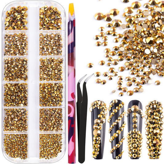 6 Sizes Gold Glass Crystal Kit with Pickup Pen + Tweezer Tools for Shine Nail Art Manicure Makeup DIY Decoration Flatback Round Rhinestone Gem Jewelry Diamond