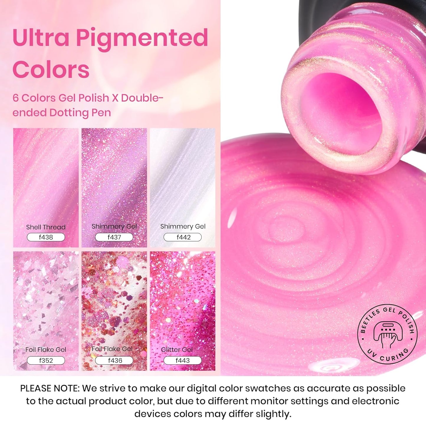 Beetles Pink Gel Nail Polish Set - 6 Colors Shimmer Nail Polish Nail Kit Hot Pink Pearl White Glitter Color Gel Pink Reverie Collection Soak Off Uv LED Nail Lamp Gift for Women & Girls