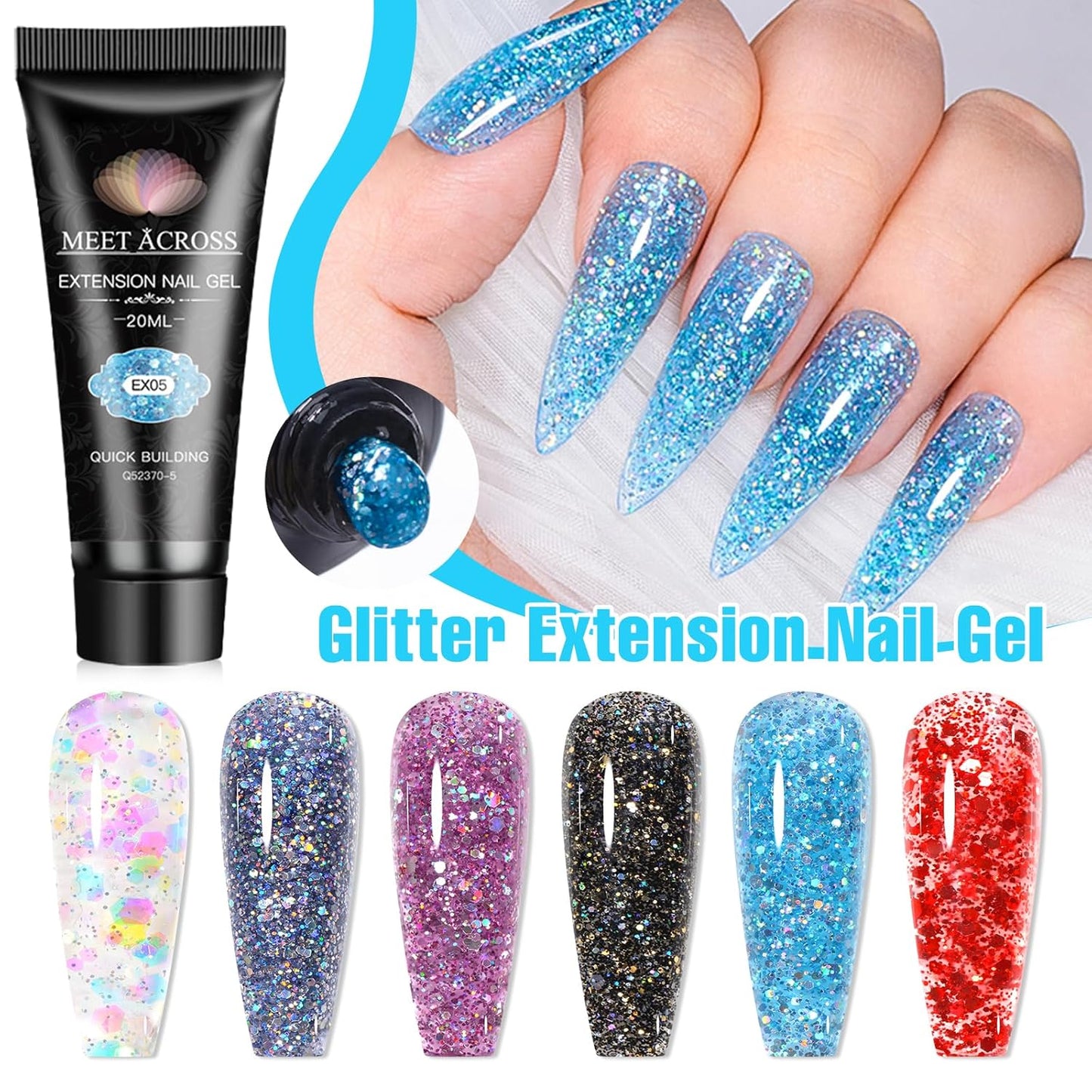 MEET ACROSS 20ML Poly Nail Gel Set - 6 Colors Glitter Sequins Extension Nails, Blue Black Red Purple Long Lasting, Shiny-looking, Strong Builder Enhancement for Salon Manicure DIY at Home